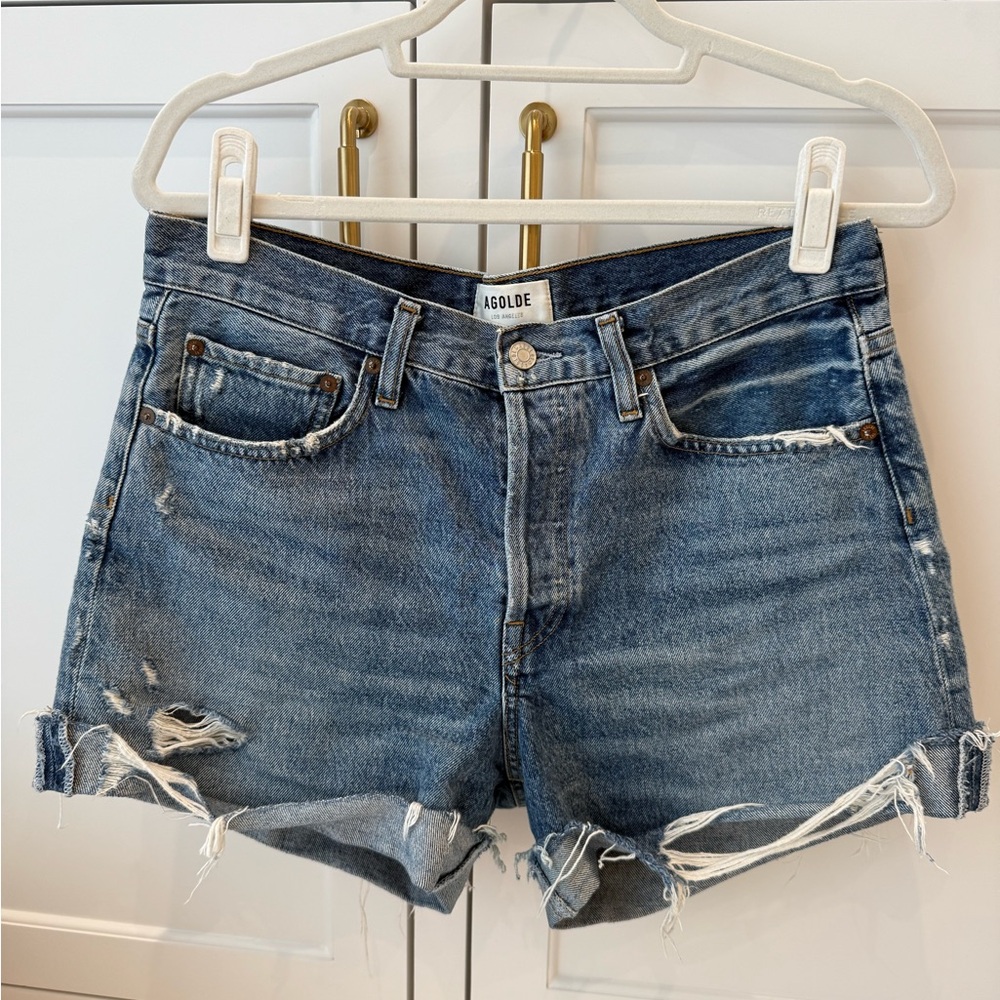 Agolde Blue Jean Shorts Distressed Cut-Off Style